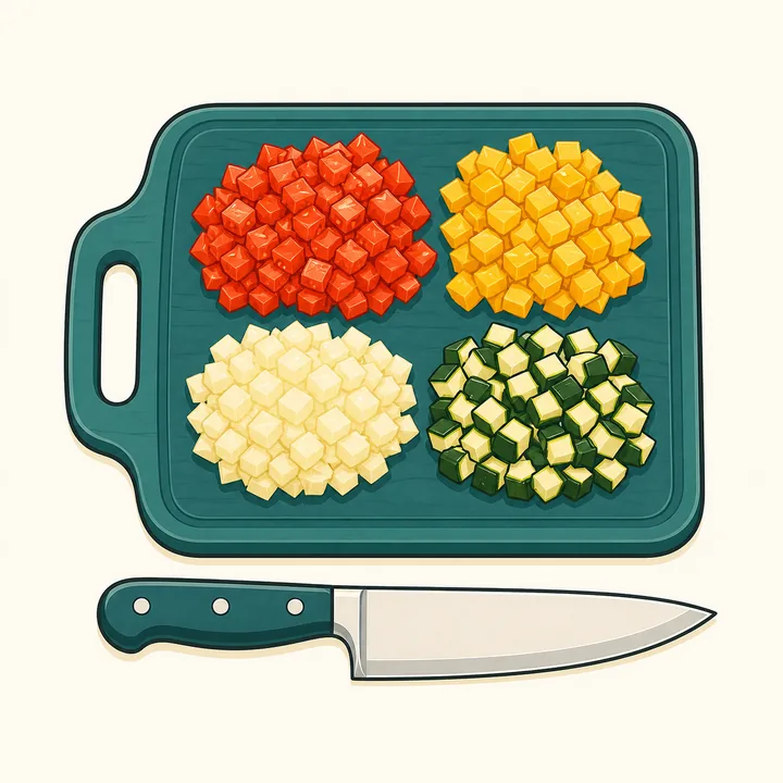 砧板上整齊切細的不同食材插圖