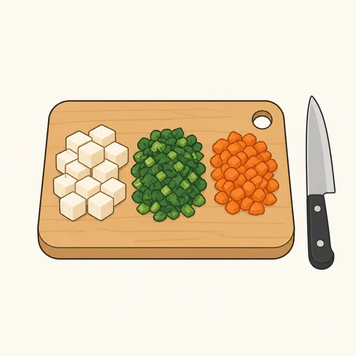 砧板上切成小塊的豆腐及軟身蔬菜插圖