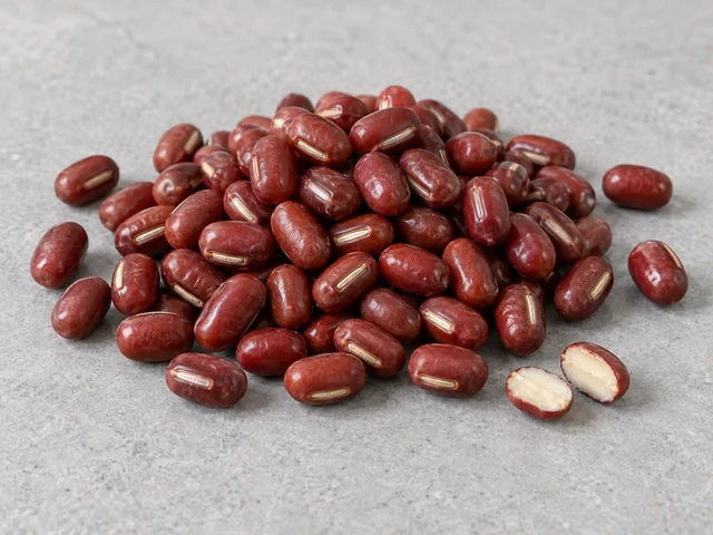 紅豆辨認示意：細小長橢圓豆粒；紅褐皮與淡內肉；側面有幼長白色種臍。