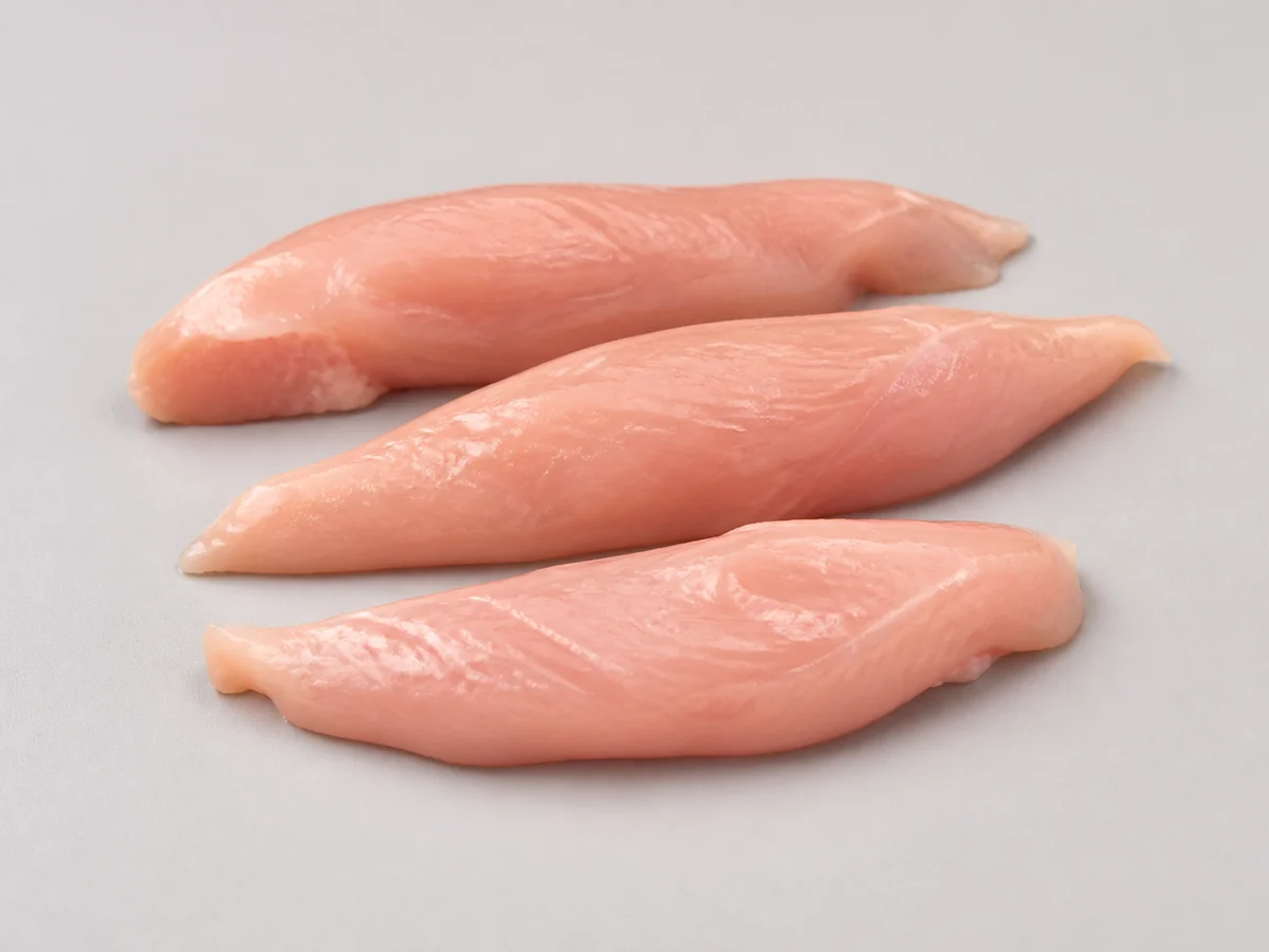 Dalawa o tatlong buong hilaw na piraso ng chicken fillet, walang buto at balat, na likas na magkakaiba ang hugis