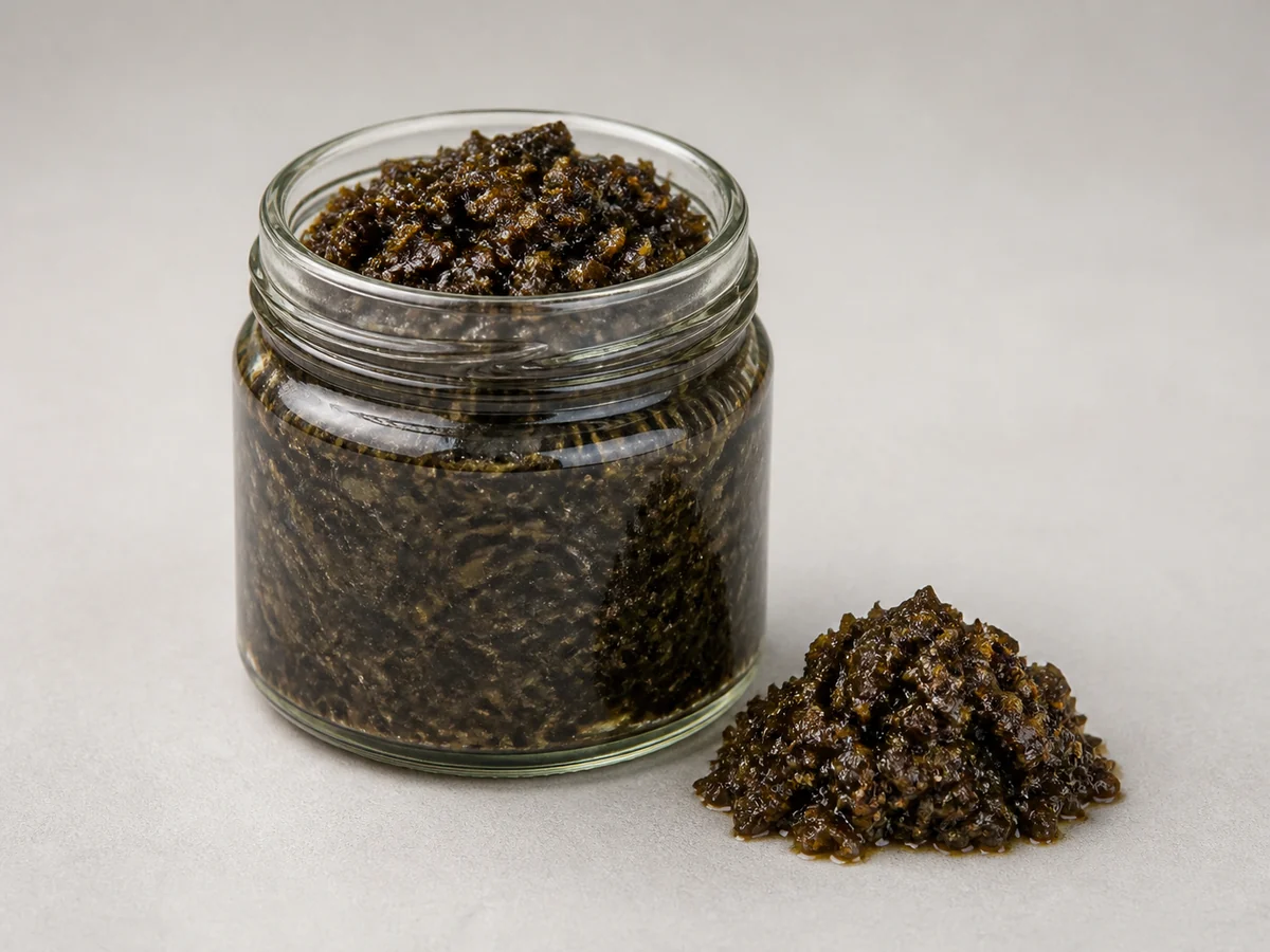 透明玻璃樽內的深綠黑色細碎欖菜,油潤質地和產品標籤清楚可見。