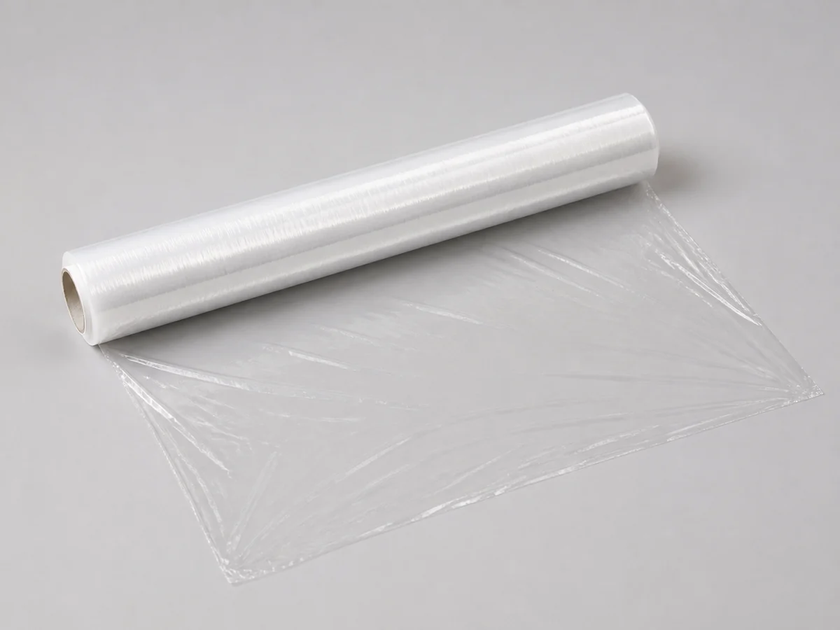 An unbranded roll of clear food cling film in its box with the film, core and use-label area visible