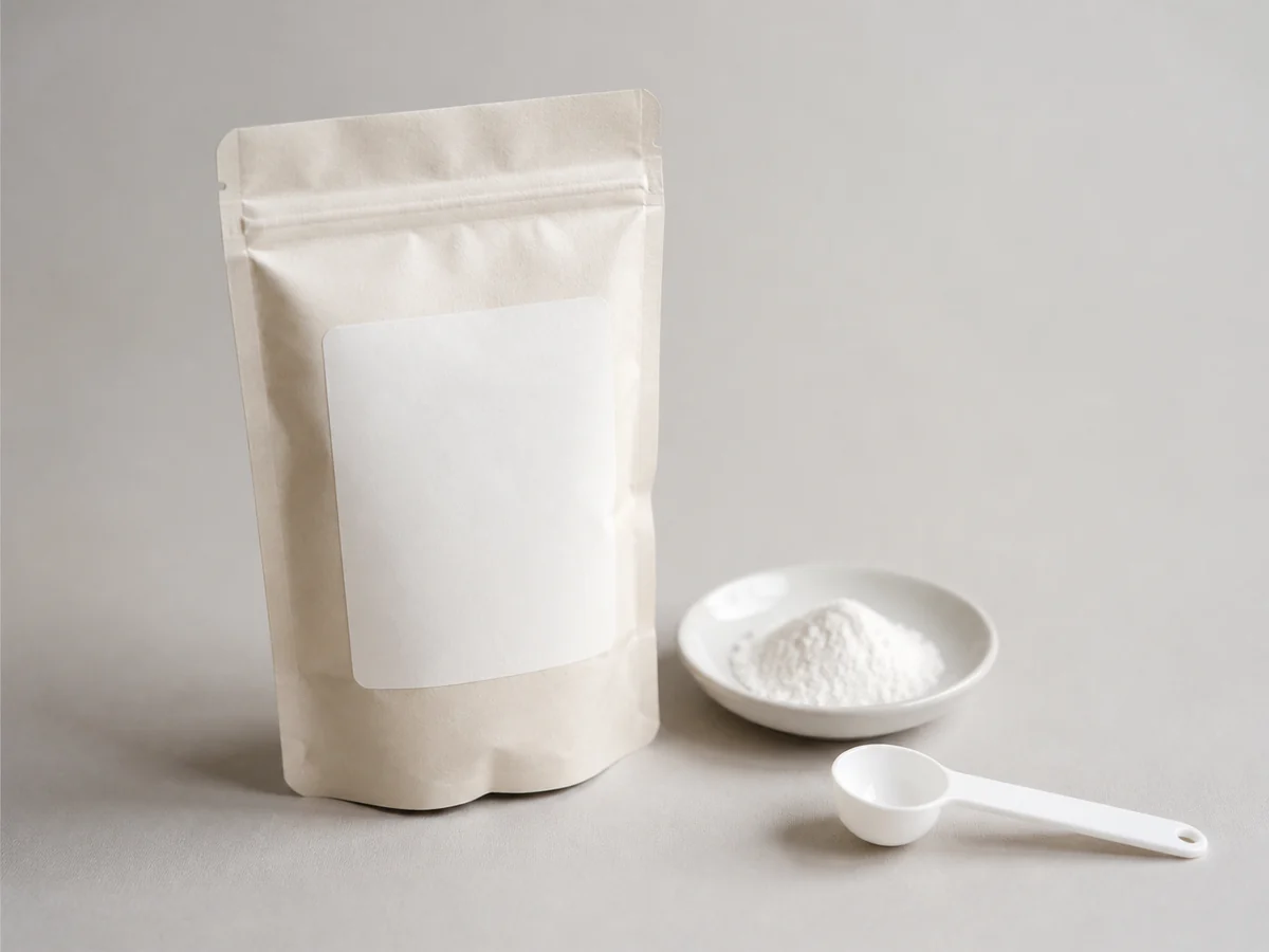 一個空白標籤食品容器和小碟白色粉末示意；粉末外觀不能證明是粟粉