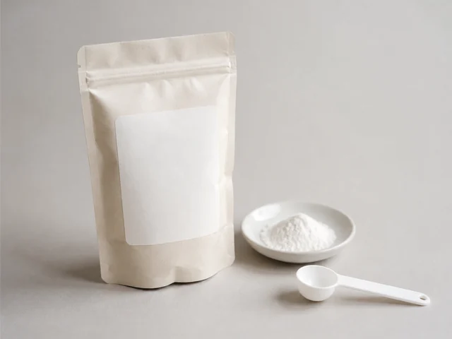 一個空白標籤食品容器和小碟白色粉末示意；粉末外觀不能證明是粟粉