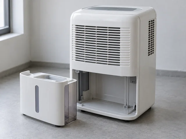 抽濕機辨認示意：直立電動機身；顏色及尺寸依型號而異；有進出風口及可取集水箱。