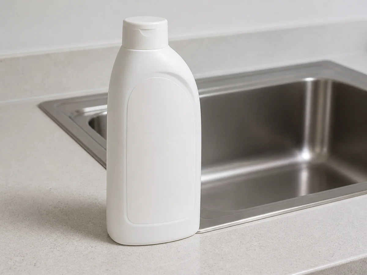 A fully closed unbranded blank-label dishwashing-liquid category container beside a clean empty sink