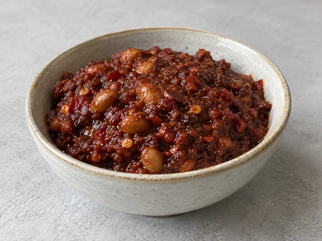豆瓣醬辨認示意：濃厚豆瓣辣椒醬；紅啡色；可見豆瓣和辣椒碎粒。