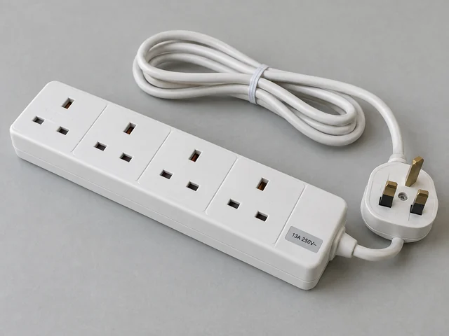 拖板辨認示意：多個插孔外殼接電線和插頭；外殼顏色不表示電流額定值；插孔、電線及額定標示完整。