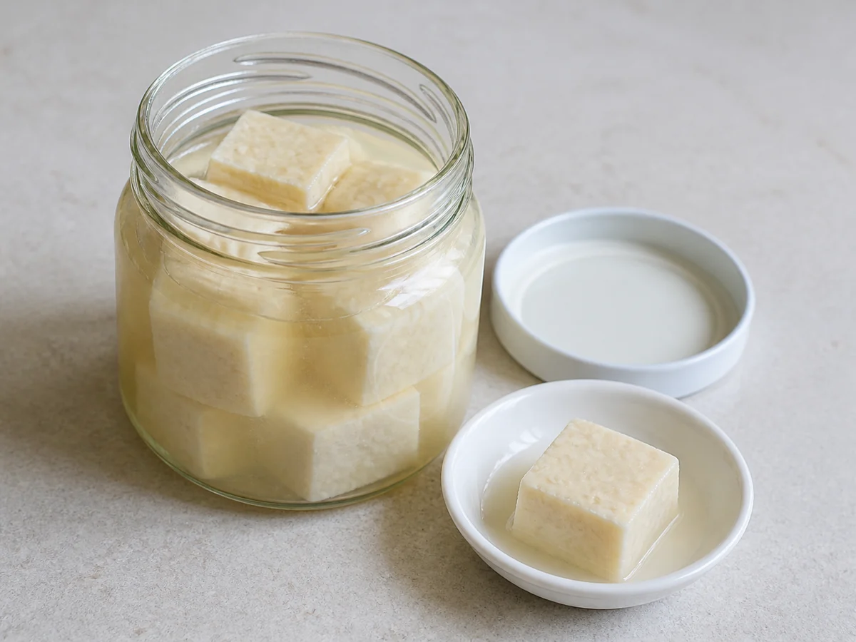 Unbranded glass jar ng white fermented bean curd na may cream cubes sa clear-to-pale-yellow preserving liquid