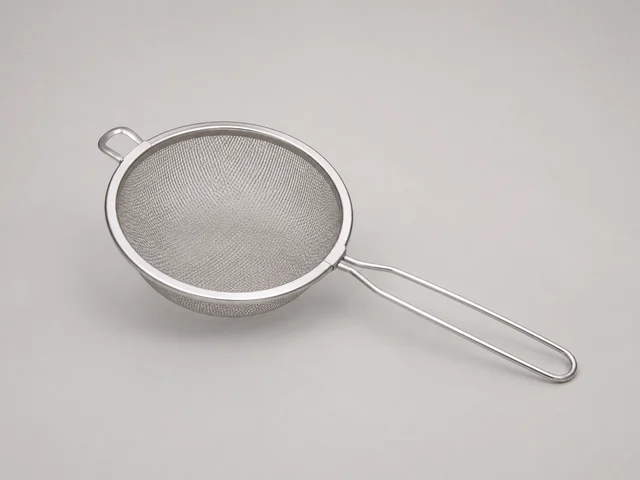一個無品牌圓形細網隔篩，細密網面、外圈和手柄清楚可見