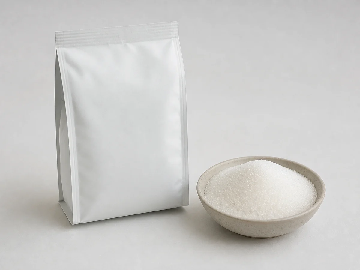 Rujukan visual untuk Gula pasir: Pastikan kemasan asli bertuliskan 白糖 atau Granulated Sugar; kristal putih halus juga dapat berupa garam atau produk lain.