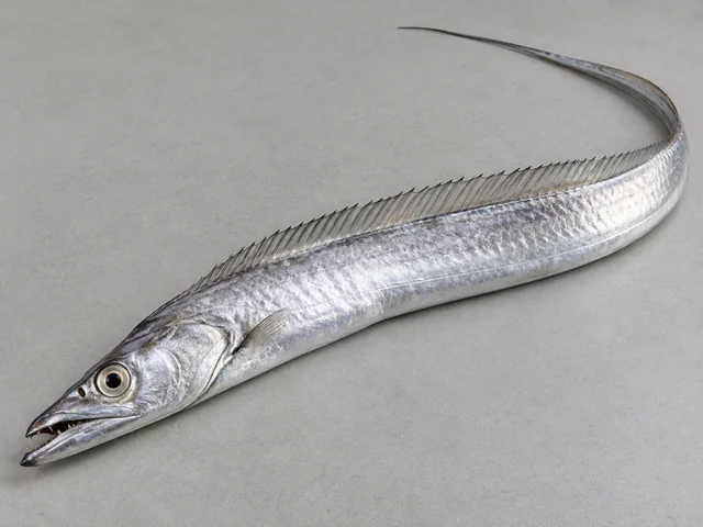 帶魚辨認示意：極長側扁帶狀魚身；銀亮表面；背鰭長而尾端逐漸變細。
