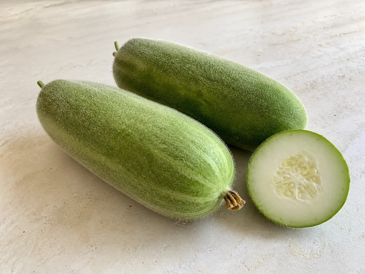 Dalawang buong batang hairy gourd at isang hiwa na nagpapakita ng pinong himulmol sa pale-green na balat at maputlang laman