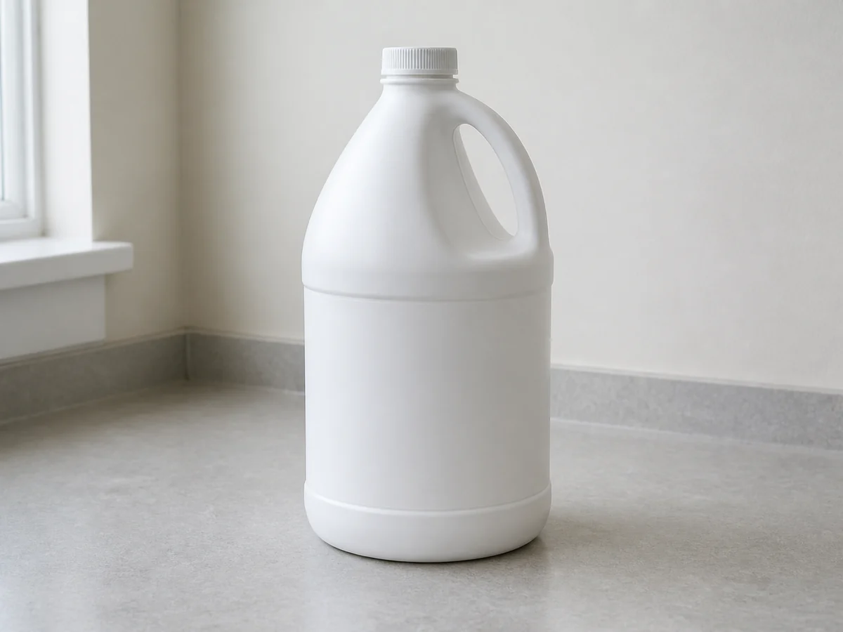 Saradong unbranded household cleaning bottle bilang bleach-packaging example lamang; kailangang tingnan ang actual original ingredient label