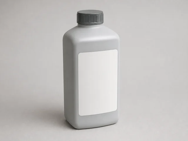 廚房除油劑示意圖：一個灰色無品牌塑膠瓶，配短深灰色旋蓋及空白白色標籤位置。