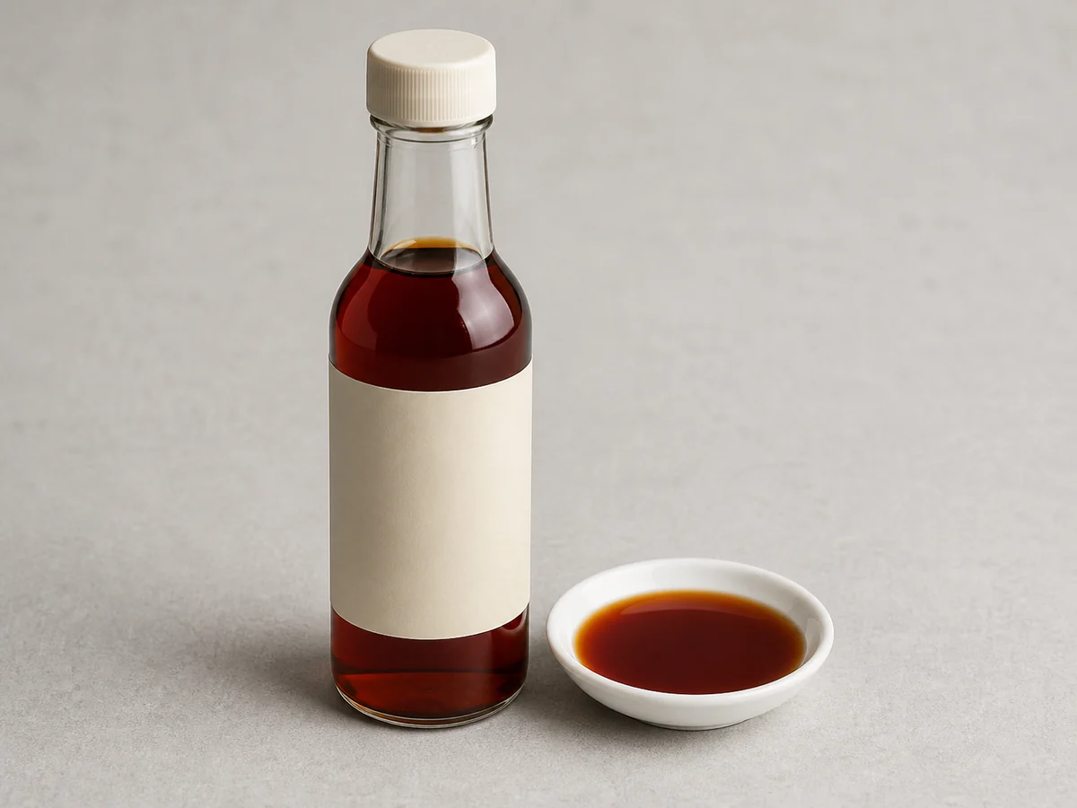 一支無品牌原裝生抽樽，旁邊有少量可流動啡色豉油；必須閱讀真實產品標籤確認