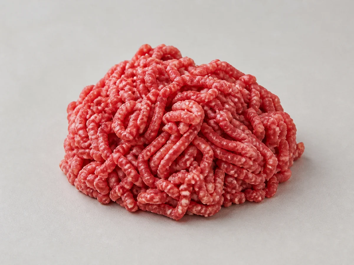 一小堆生免治牛肉，鬆散肉粒和可變脂肪清楚可見
