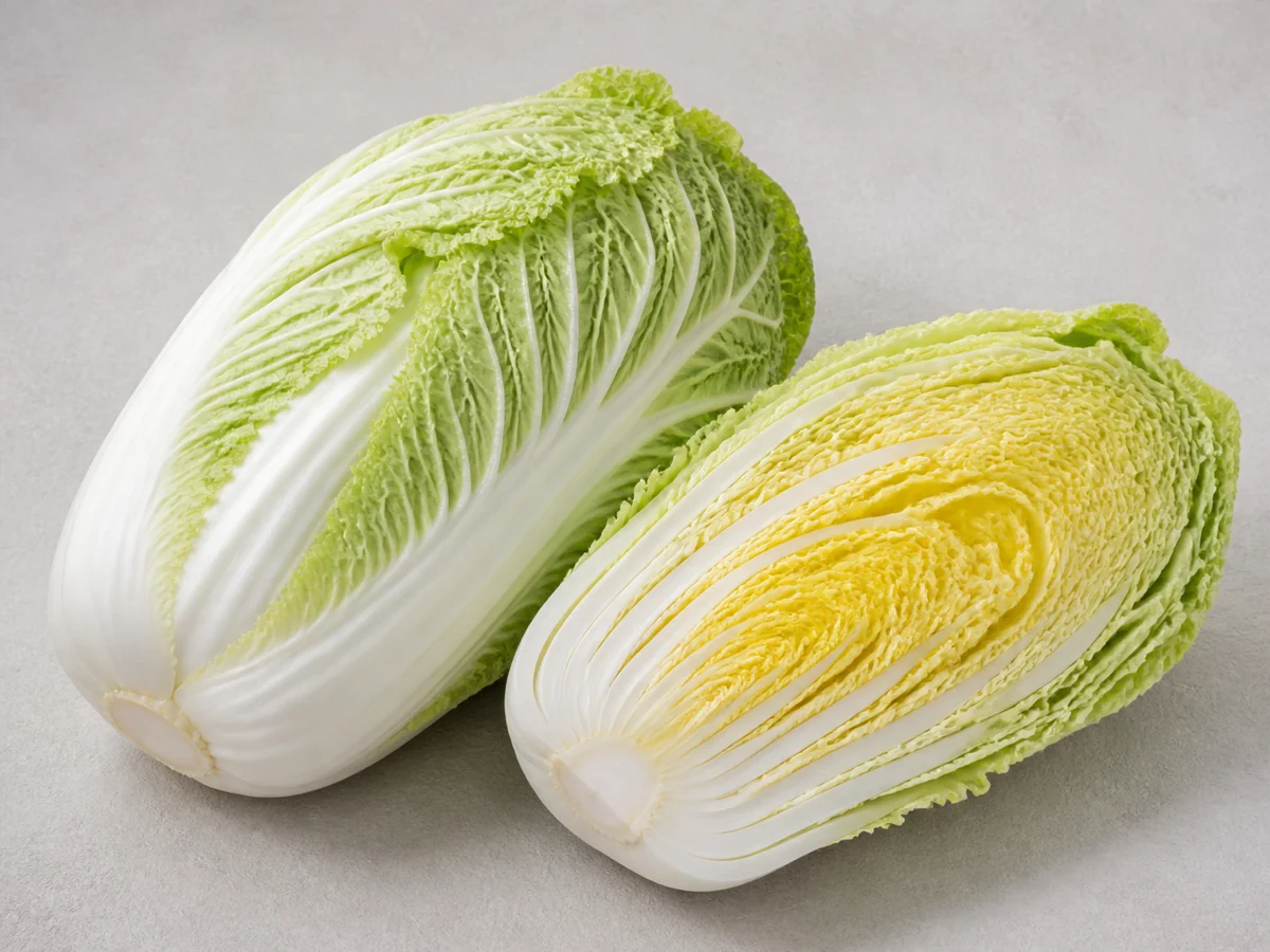 一棵新鮮紹菜，長橢圓菜球、淡綠皺葉及厚白色中肋清楚可見