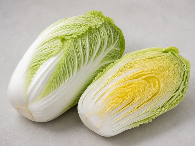 一棵新鮮紹菜，長橢圓菜球、淡綠皺葉及厚白色中肋清楚可見