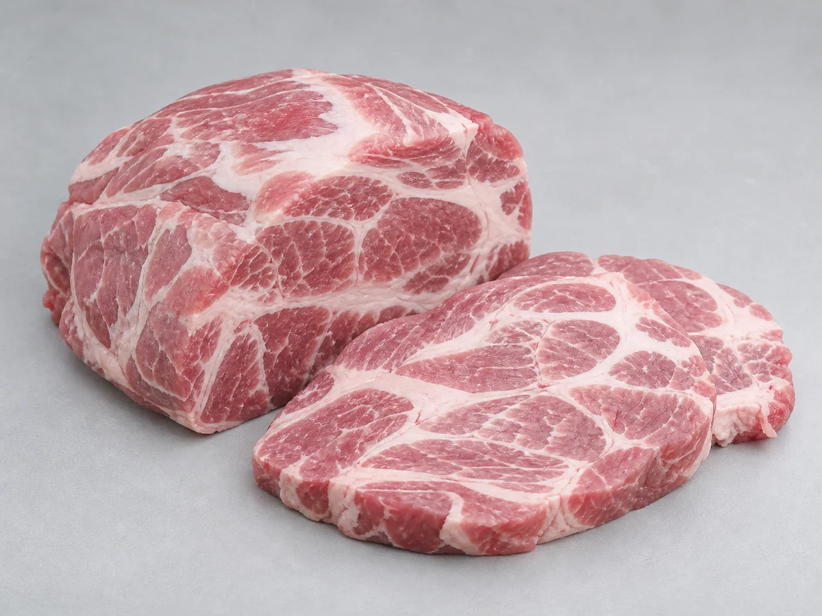 一件新鮮梅頭肉，粉紅瘦肉中的細緻白色脂肪紋清楚可見