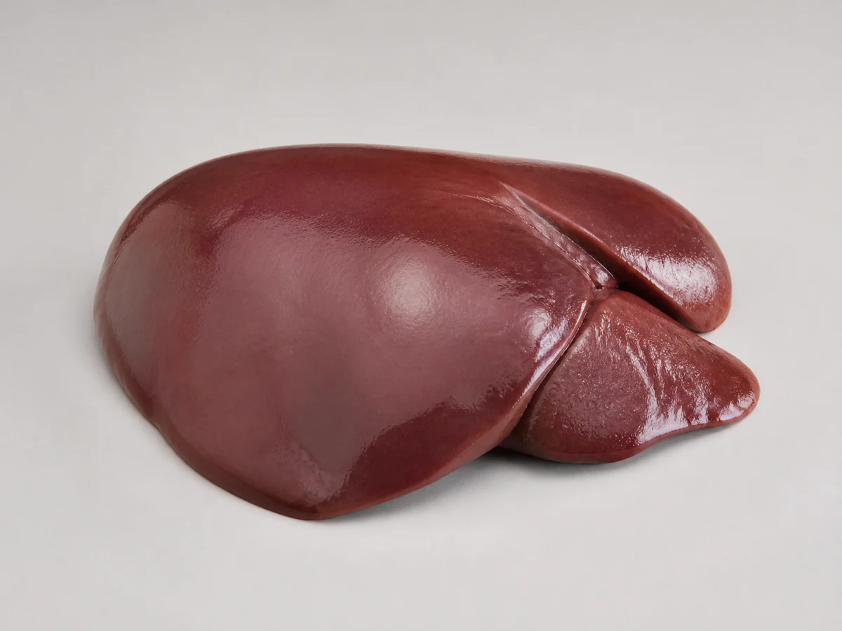 One whole raw pork liver with a dark reddish-brown smooth lobed surface