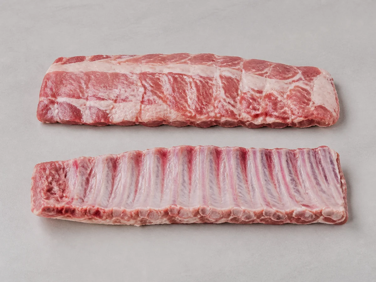 Bagian pork loin ribs mentah dengan tulang sejajar dan lapisan daging merah muda tebal