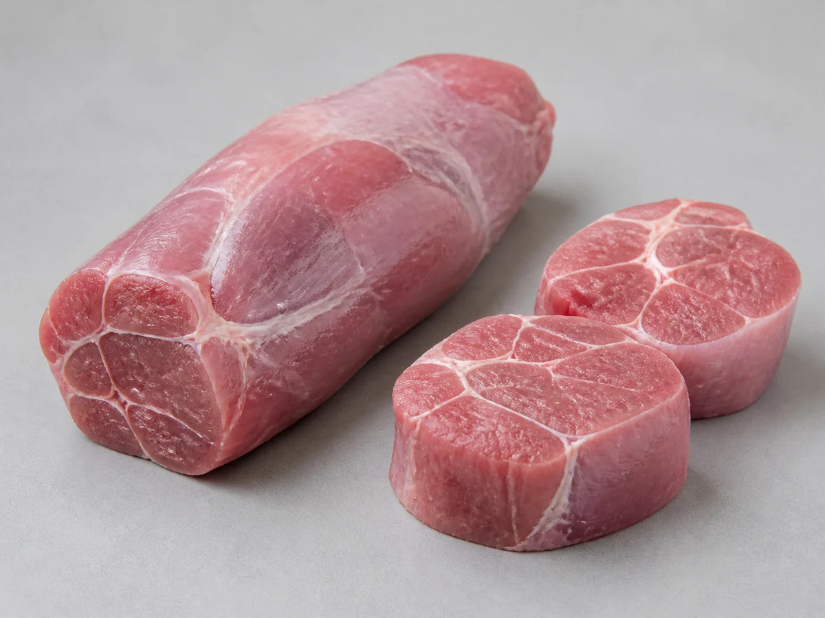 Fresh pork shin showing firm lean muscle bundles and white connective-tissue seams