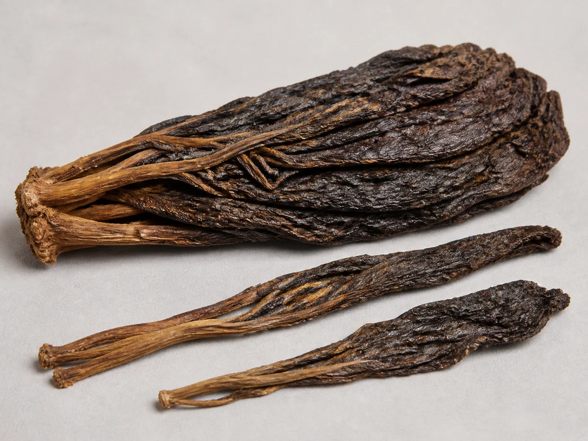 Dark-brown preserved mustard-green leaves and stems bundled on a white background.