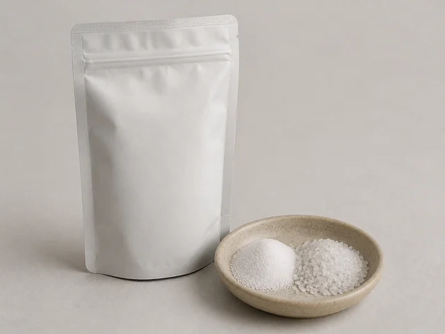 鹽辨認參考圖：白色晶粒外觀不能可靠分辨鹽、糖或其他產品，必須看完整原包裝食物名稱和成分。