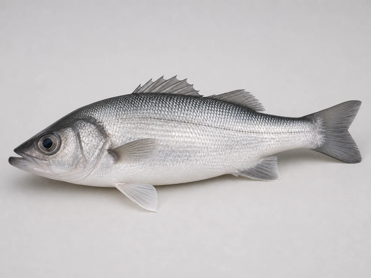 一條完整 Japanese seaperch 鱸魚，修長銀灰魚身、大斜口和前硬後軟的背鰭清楚可見