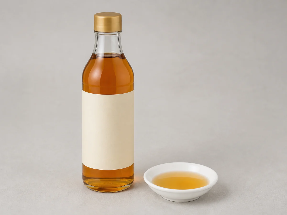 無品牌空白標籤玻璃瓶及小碟中的清澈琥珀色紹興酒示意