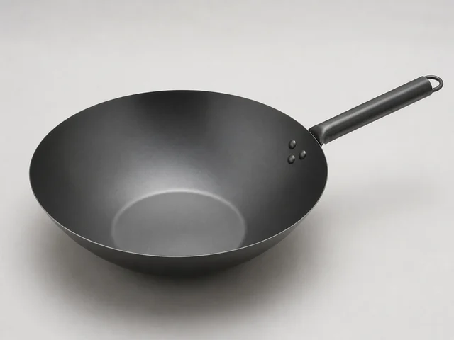 一隻無品牌闊口斜身鑊，手柄和鍋身完整可見