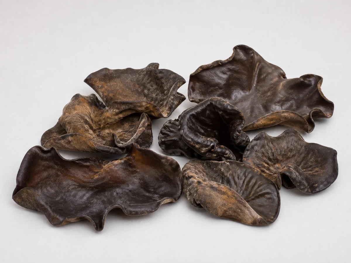 Large dark-brown dried wood ear mushrooms on white, showing broad wrinkled ear-shaped pieces.