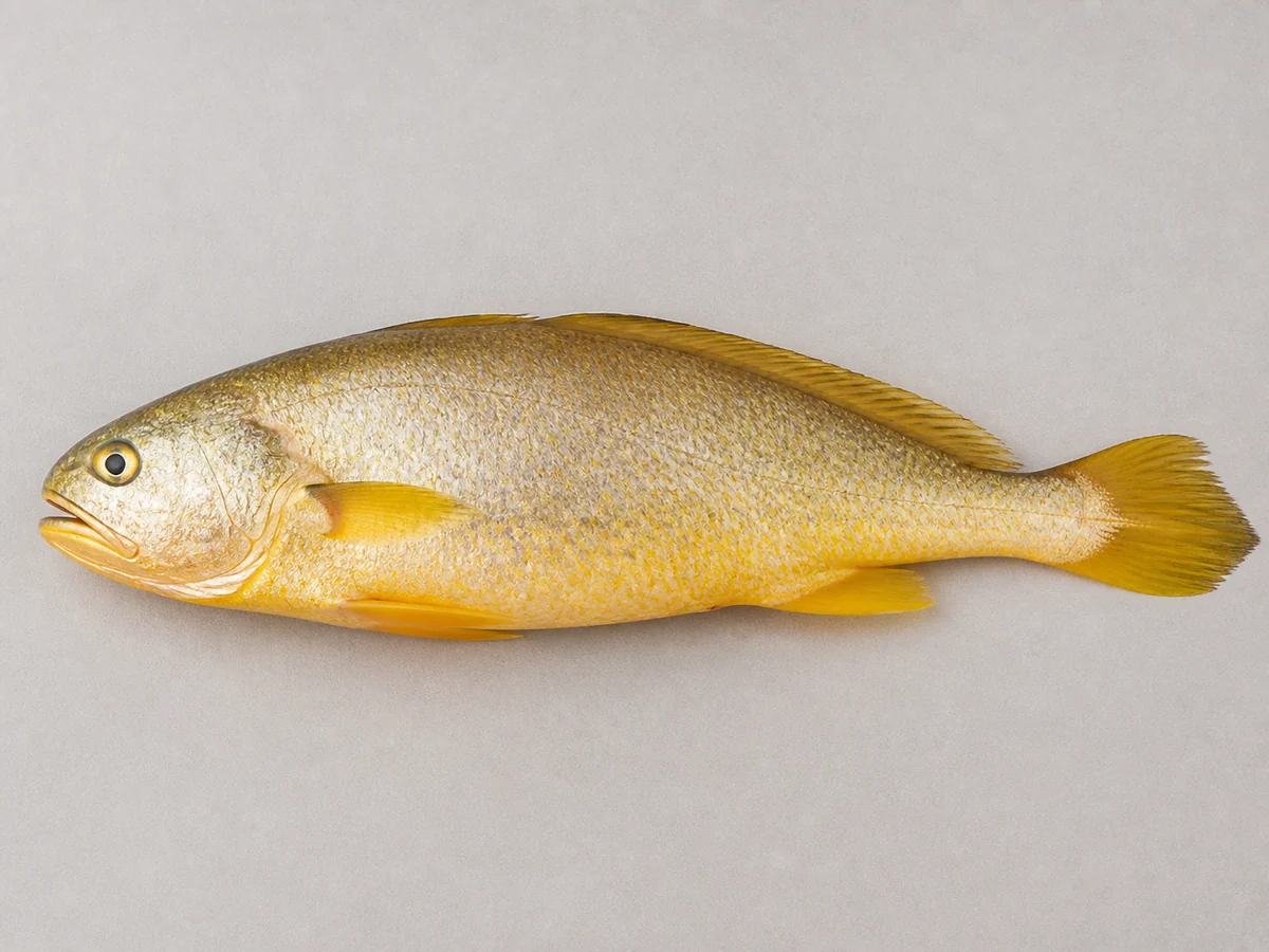 一份完整生鮮黃花魚，主要辨認特徵清楚可見
