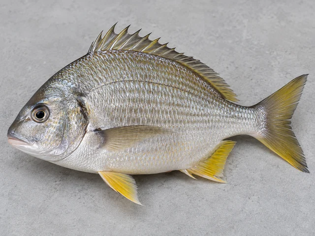 黃腳鱲辨認示意：高身側扁海魚；銀灰身及黃色腹臀鰭；背部有硬棘而身有大鱗。