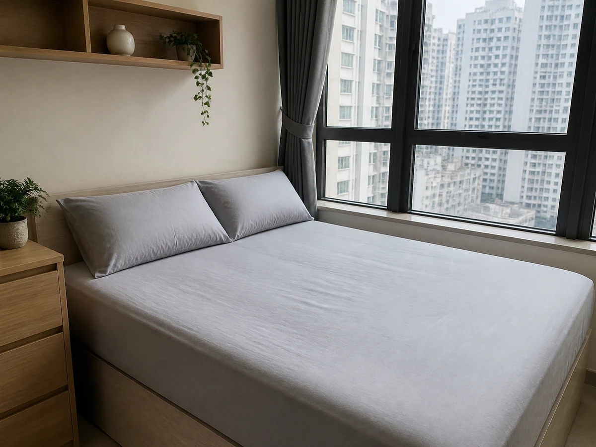 A neatly made bed with a smooth fitted sheet and aligned pillows