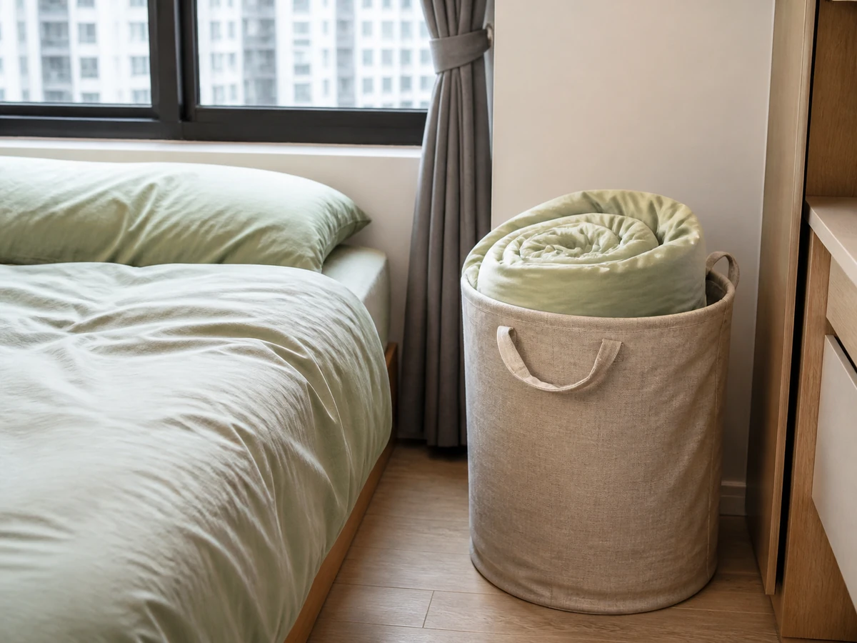 Shaking used sheets in the room. — Roll inward and place directly in the designated laundry container.