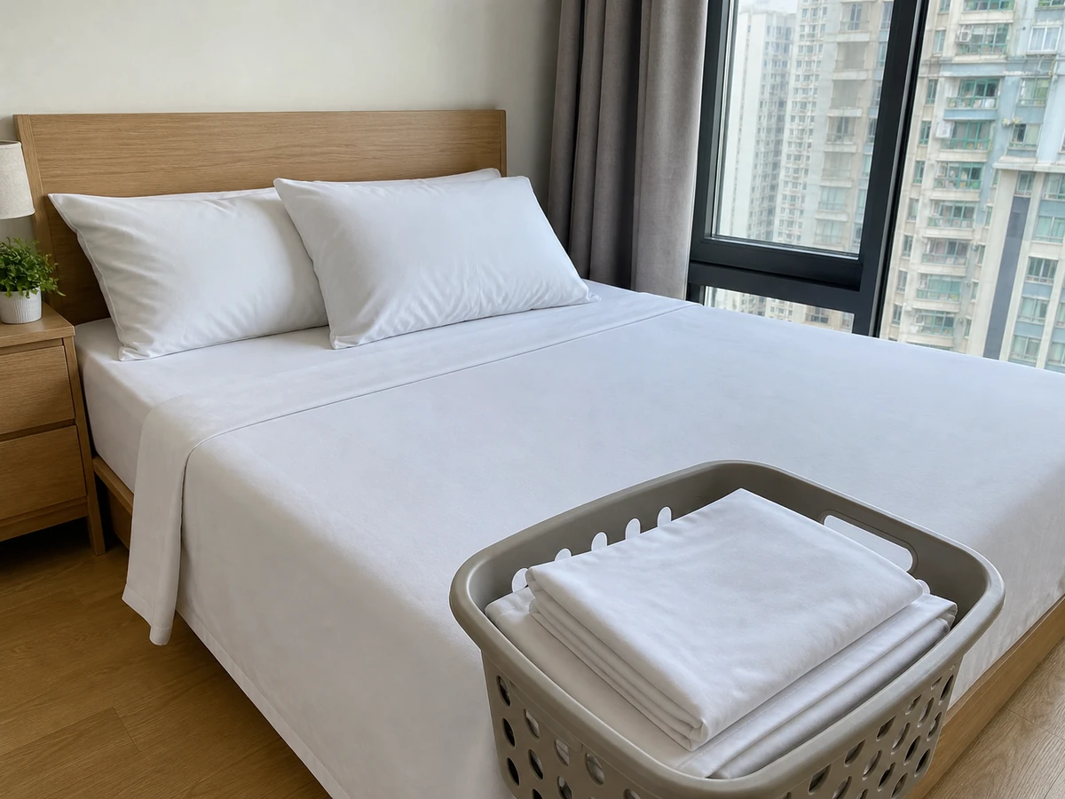 Clean fitted sheet, pillowcases, cover sheet and laundry basket