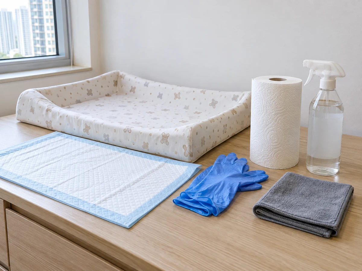 changing mat, disposable liner, guwantes, paper towel, surface-compatible disinfectant, malinis at tuyong tela
