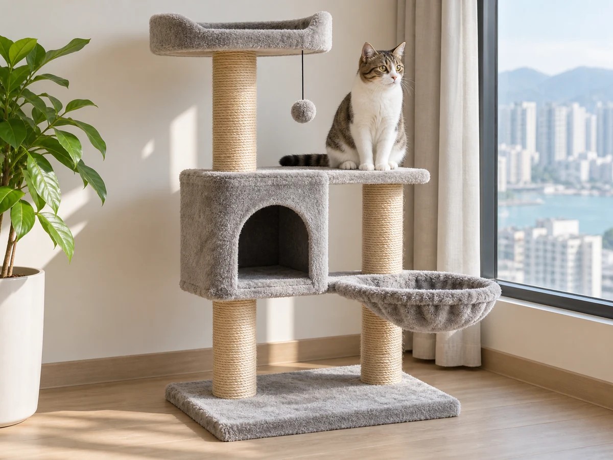 Clean a Cat Tree and Scratching Post — cat tree with vacuumed platforms, dry sisal post and stable base