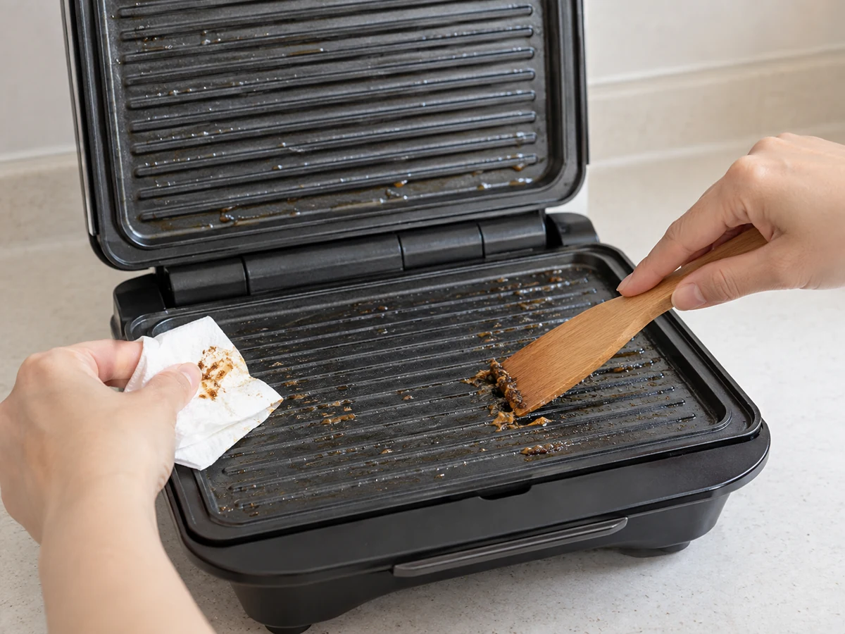 An unplugged open sandwich press with cooled grease lifted from plates using paper and a wooden scraper