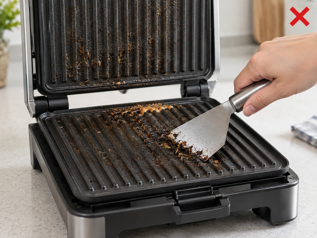 Memakai pengikis logam — Gunakan kayu, plastik, atau alat lembut agar non-stick terlindungi.