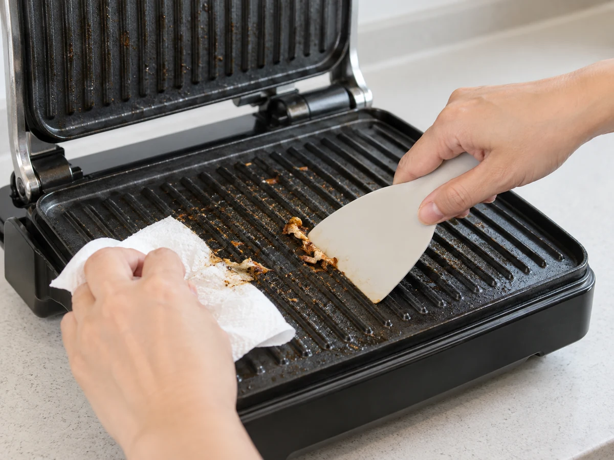 Membersihkan Pemanggang Roti atau Grill Listrik sesuai Model: Angkat minyak dan sisa