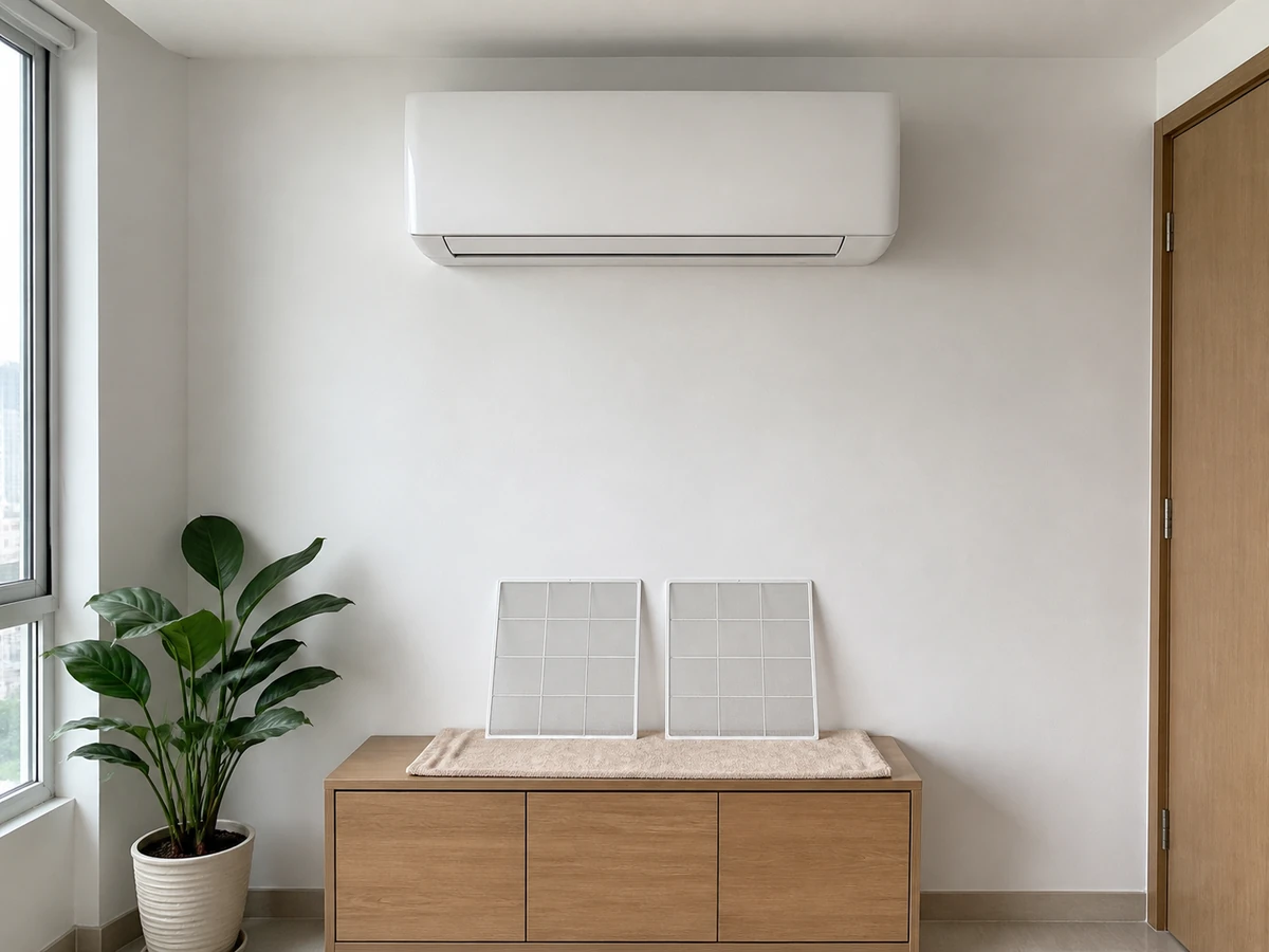 A switched-off wall-mounted split air conditioner with a clean removable filter in front