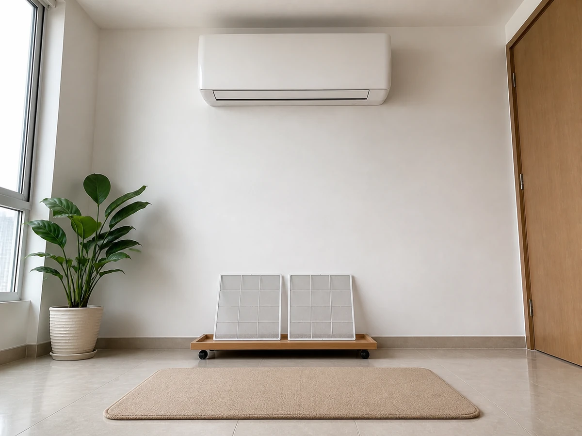 Climbing on a chair or ladder to reach the filter. — Only clean a unit safely reachable from the floor; arrange a suitable person otherwise.