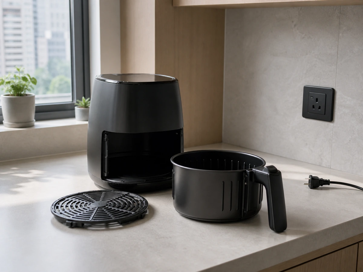 Unplugged cool and dry air fryer with its basket and pan separated beside it