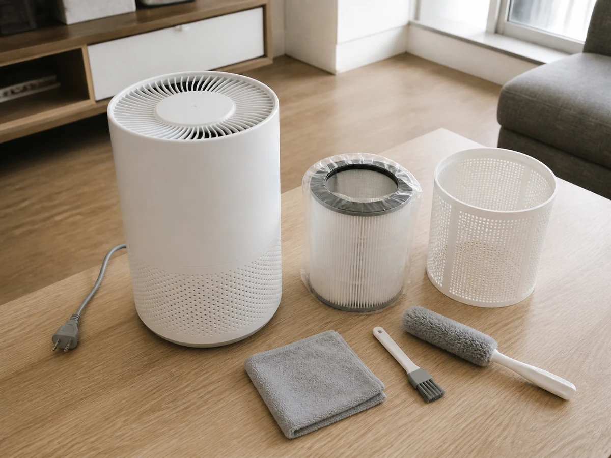 Model manual, Clean microfibre cloth, Manual-approved vacuum soft brush, Water only for explicitly washable pre-filters, Dry towel arranged beside the powered-off appliance