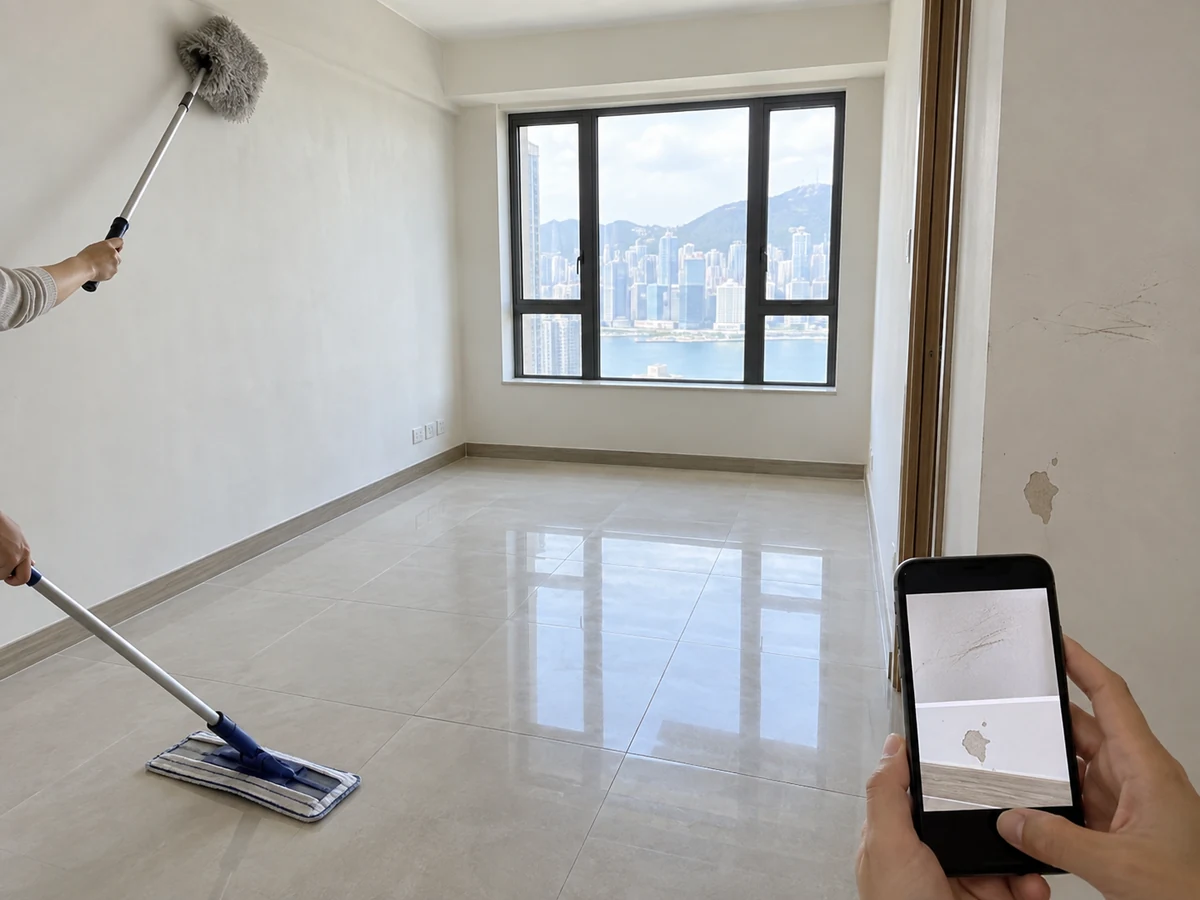 Clean an Empty Home before Move-in and Record Damage — empty room cleaned from high to low with dated photos of existing wall and floor damage