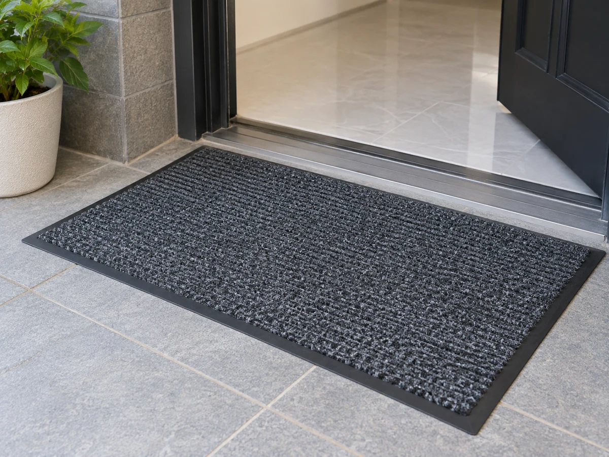 Clean an Entry Doormat by Material — fully dry entry mat laid flat with a clear non-slip floor edge