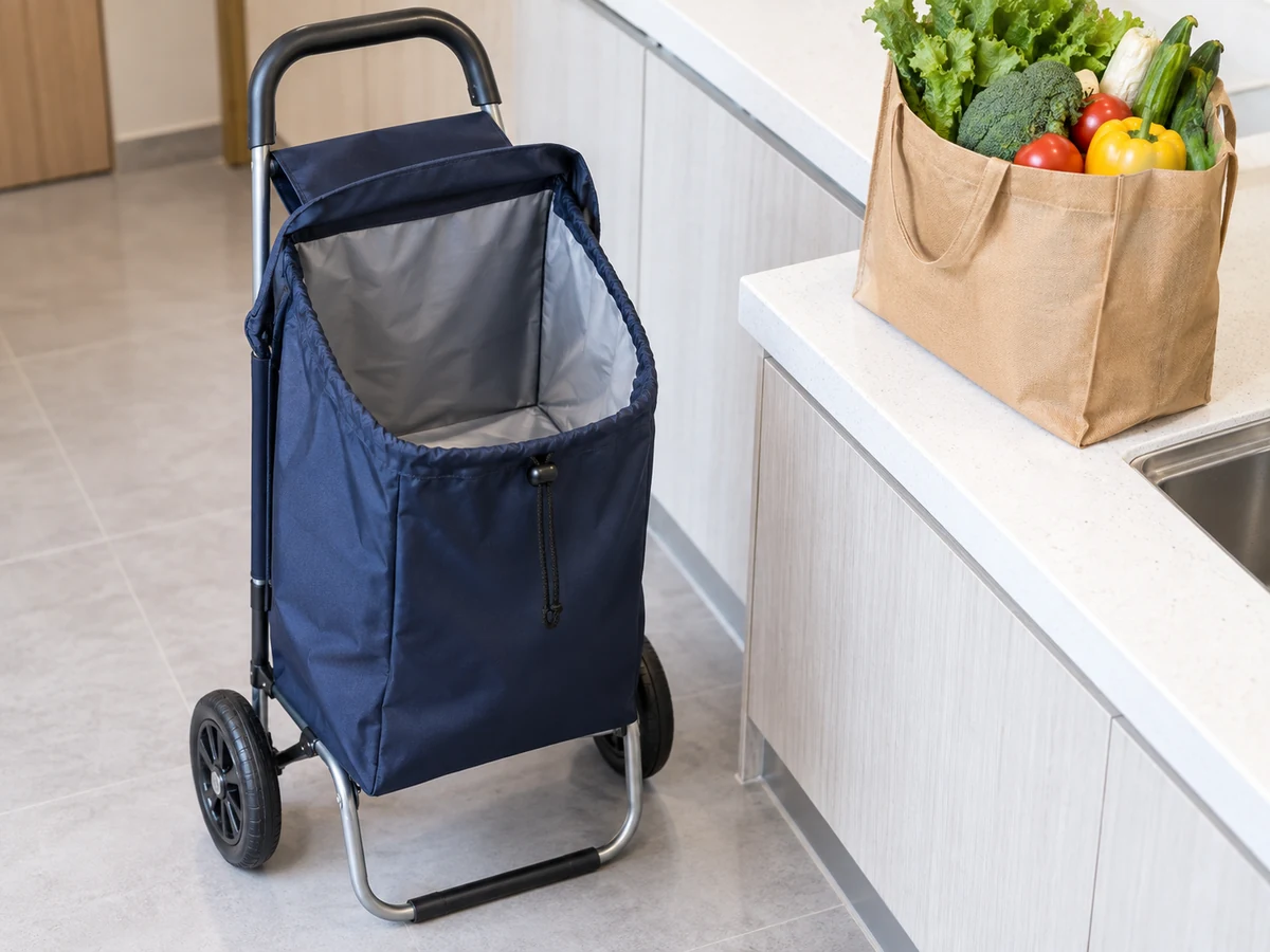Clean and Dry a Shopping Trolley, Bag and Wheels — shopping trolley with clean dry bag interior and wheels kept away from food